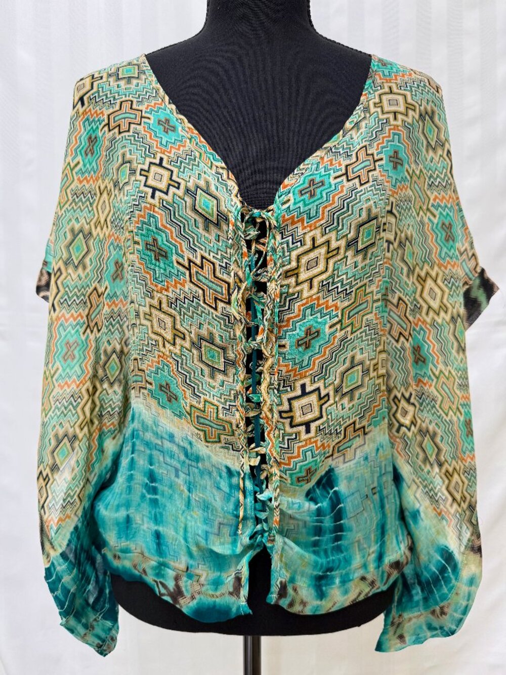 Language 100% Silk Boho Kimono Sleeve Blouse Teal Geo Tribal Print Size S